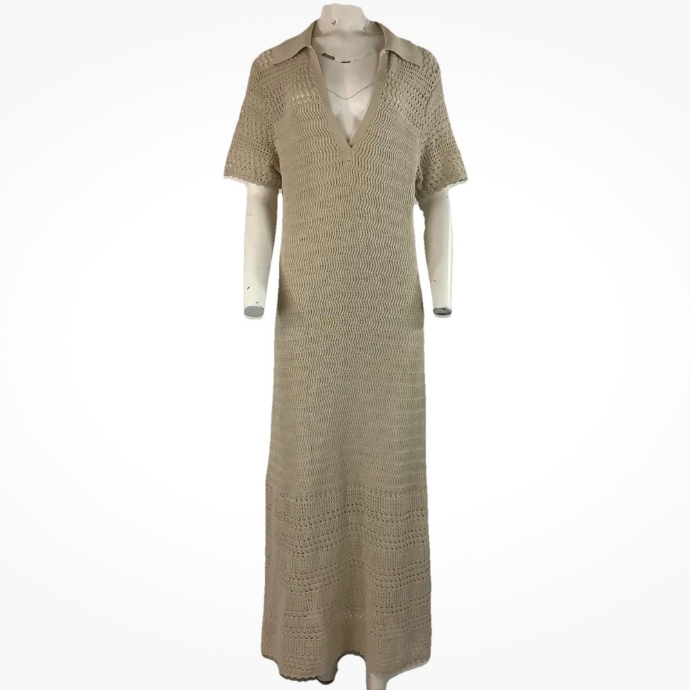 NWT Loft Beach Sz XL Open Knit Maxi Pullover Swim Cover Dress Tan 100% Cotton
